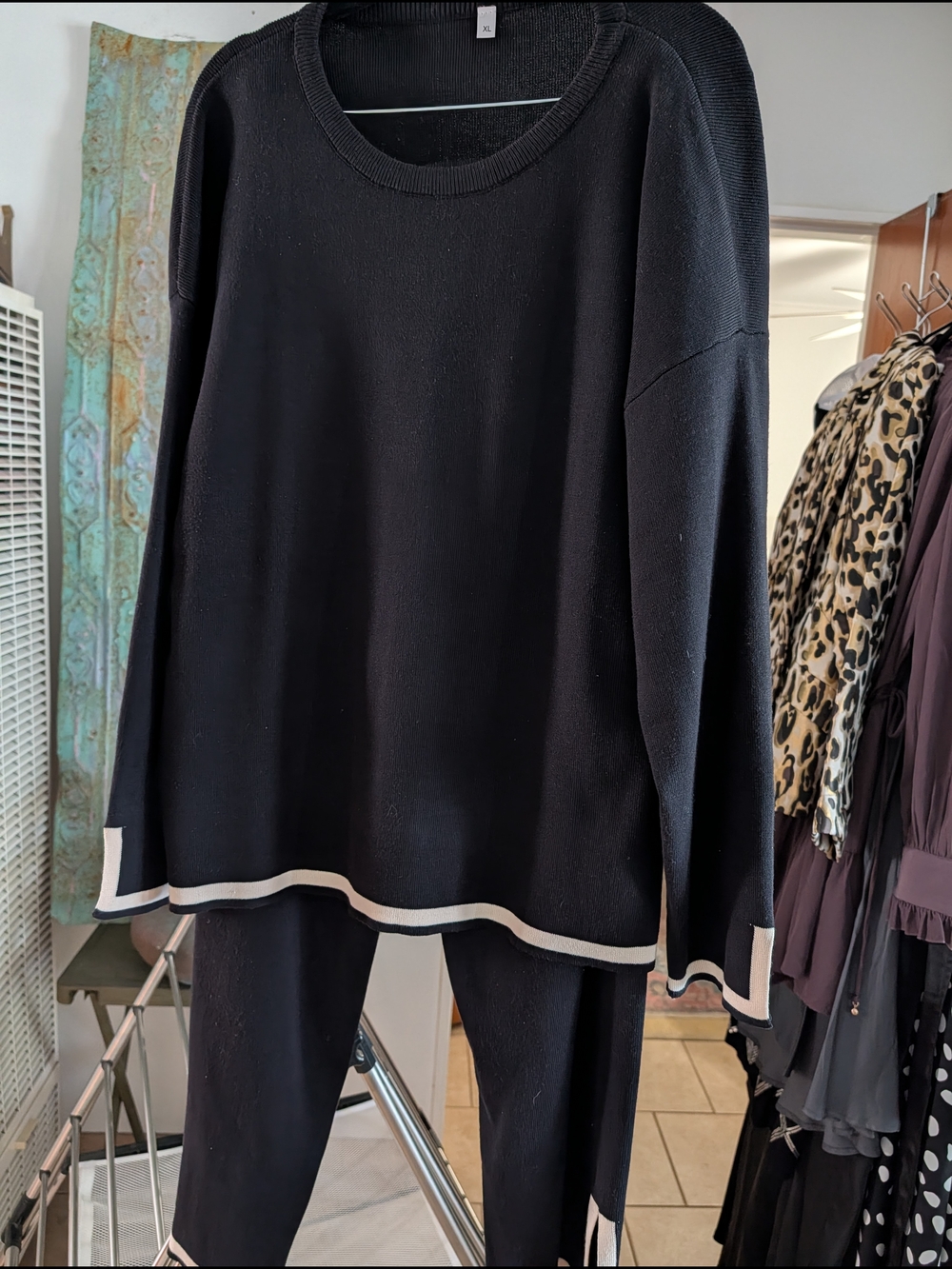 Black Knit Travel Lounge Sweater Set with Cream Trim